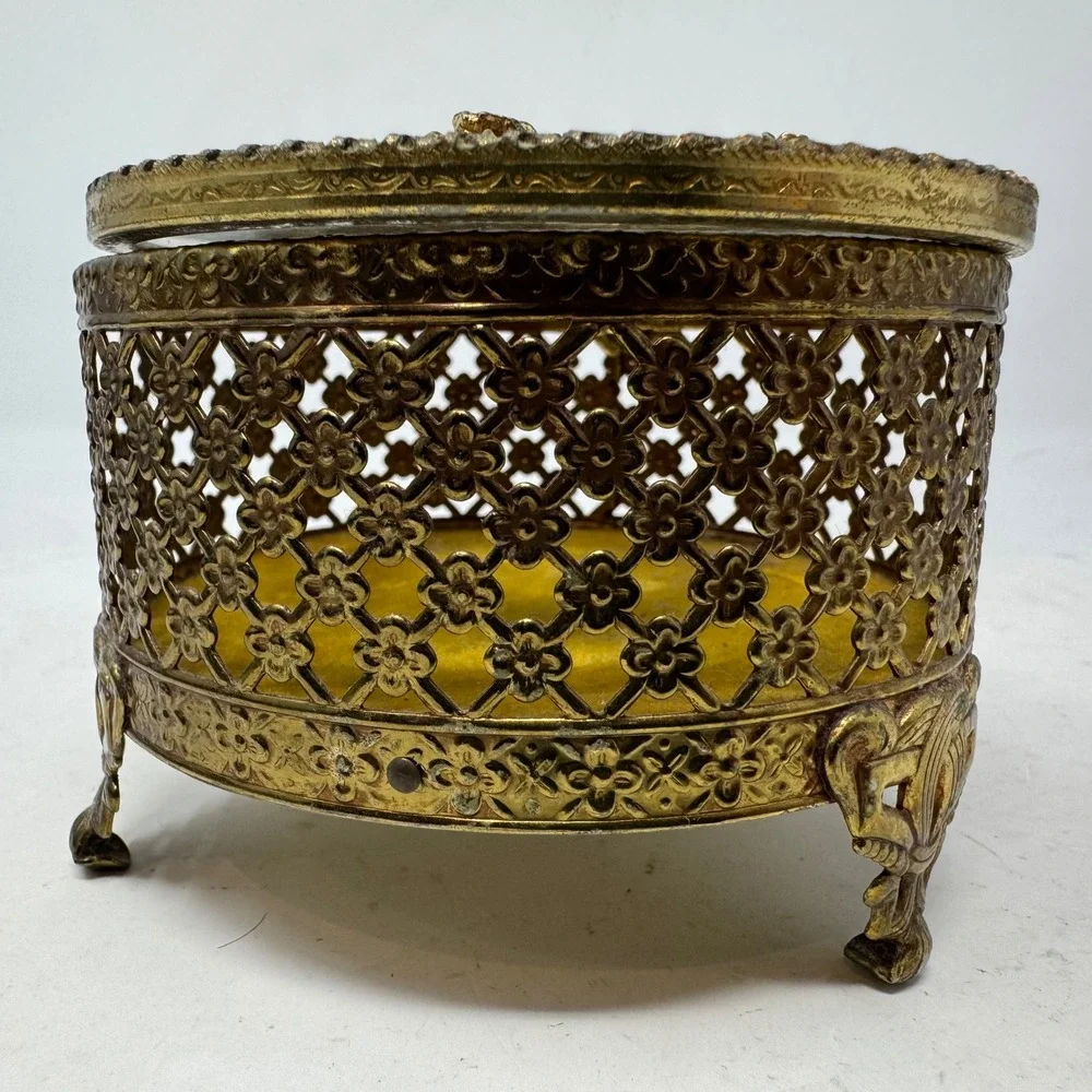 Vtg‎ Ormolu Gold Filigree Rose Jewelry Box Hollywood Regency Footed Trinket Case